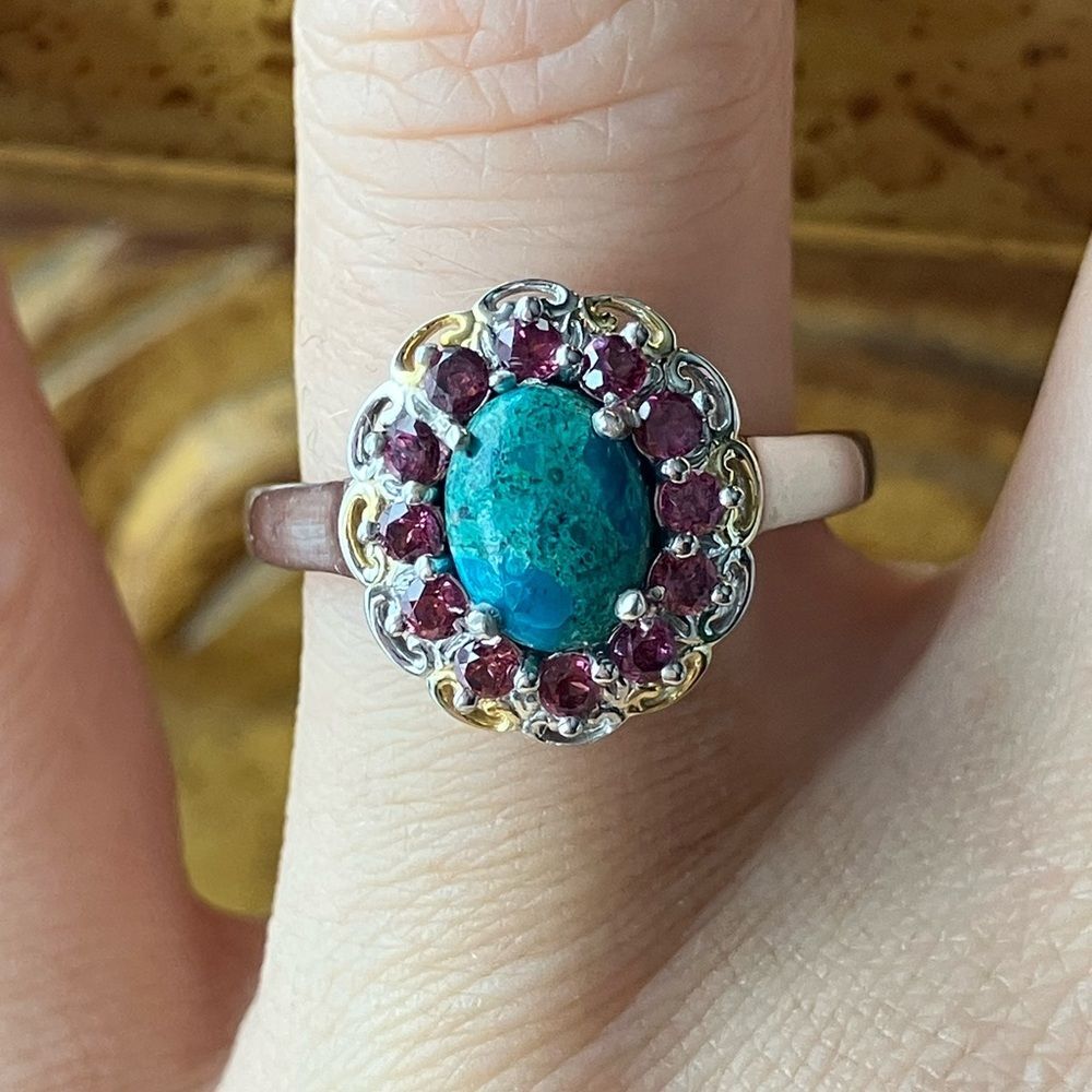 Chrysocolla Orissa Garnet Halo Ring Size 7
